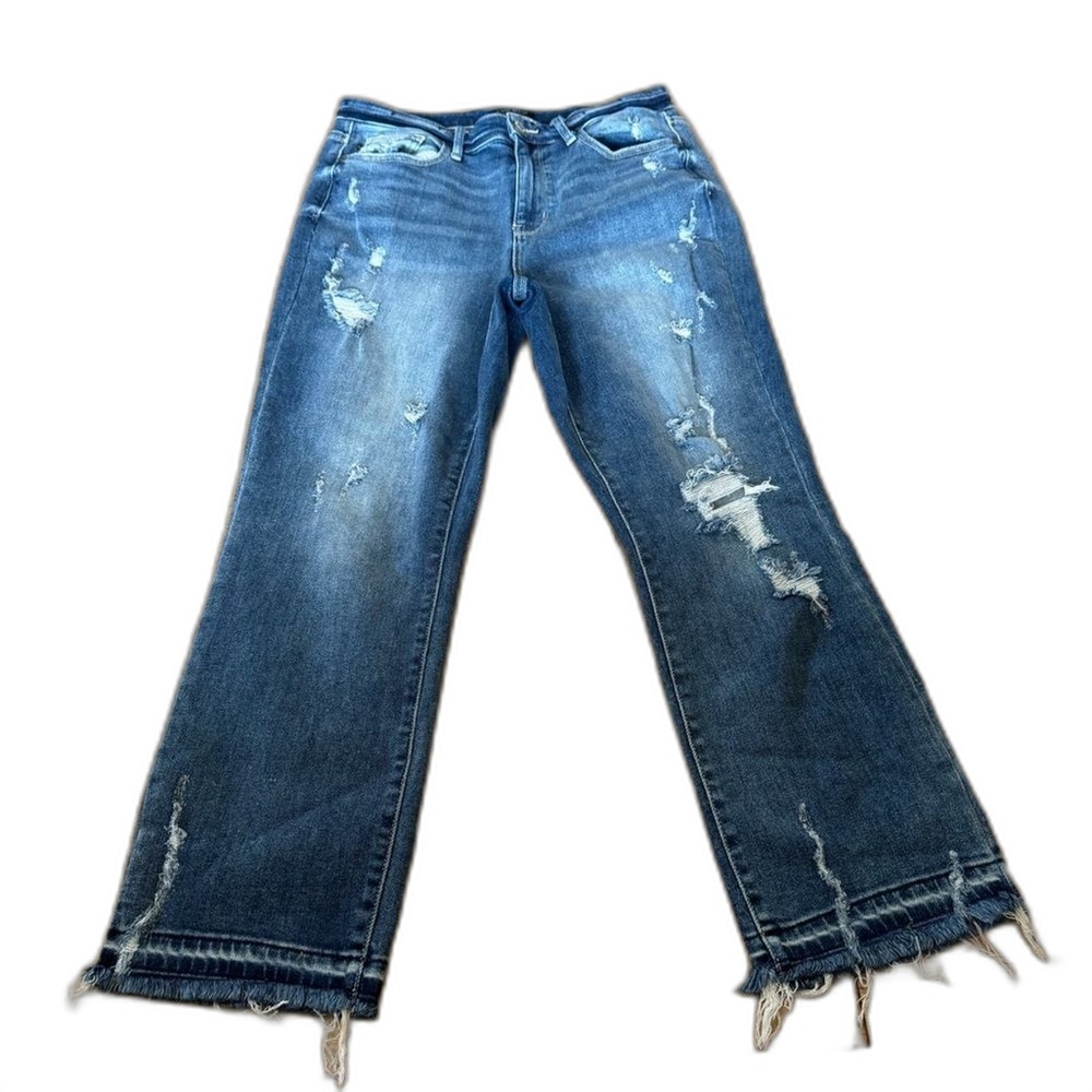 Judy Blue Straight Fit Distressed Frayed Hem Jeans Medium Wash Size 9/29 (797)